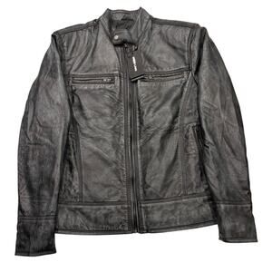 R12 JARED LANG Men's 100% Leather Motorcycle Jacket Black Large